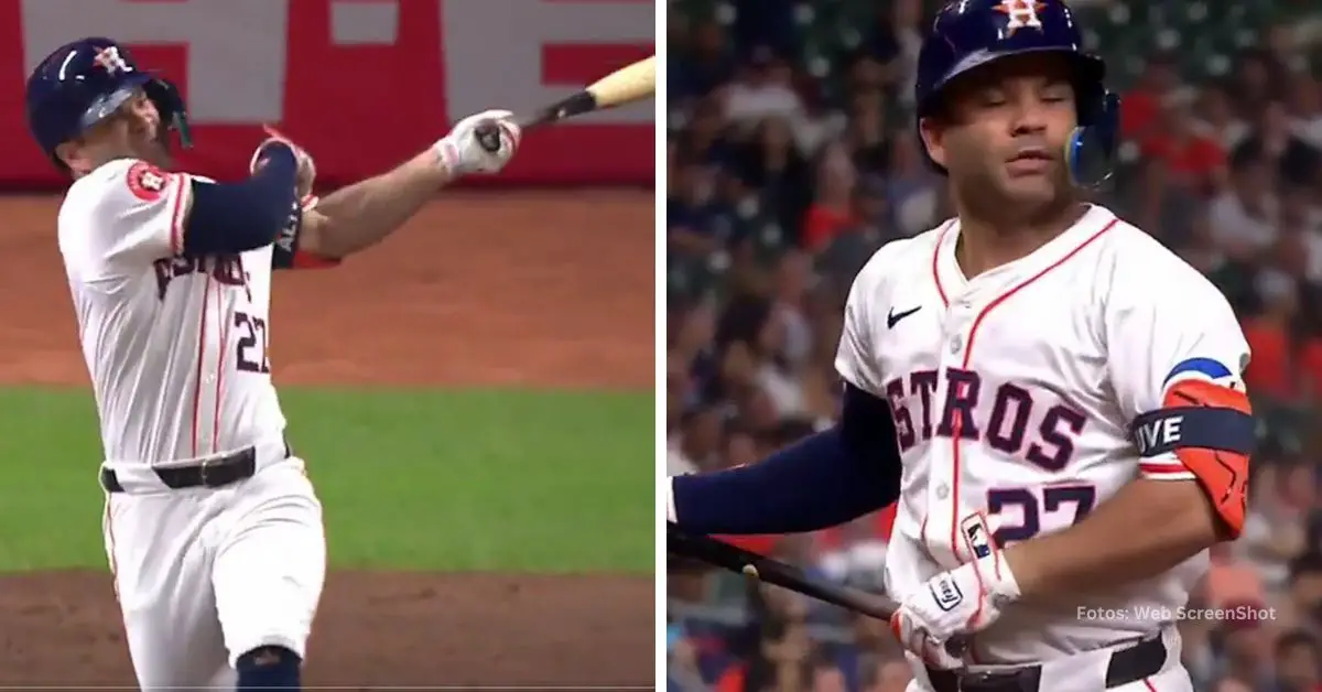 Jose Altuve lastimándose al hacer swing en un turno con Houston Astros