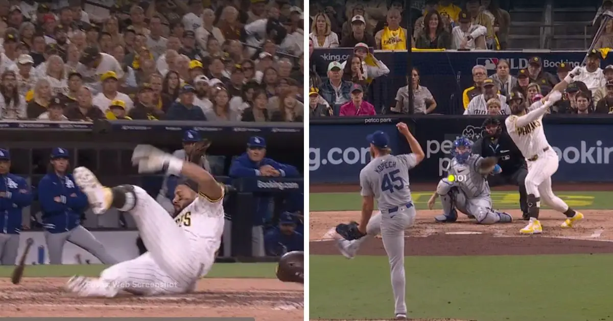 Fernando Tatis Jr. evitando un pelotazo y bateando ante Los Angeles Dodgers